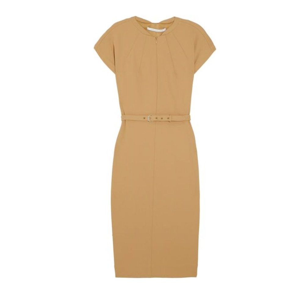 DVF Maizah front-zip belted sheath dress tan camel 12